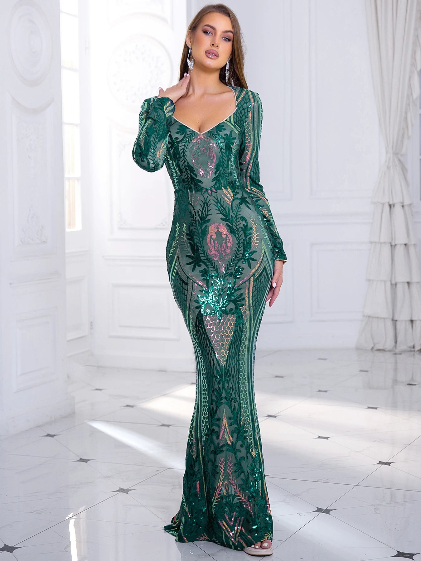 Robe de Soirée à Manches pour Femme, à paillettes
