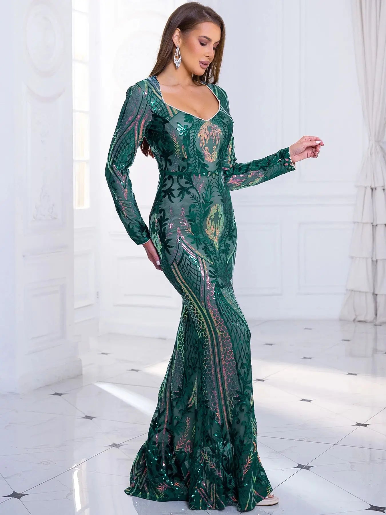 Robe de Soirée à Manches pour Femme, à paillettes