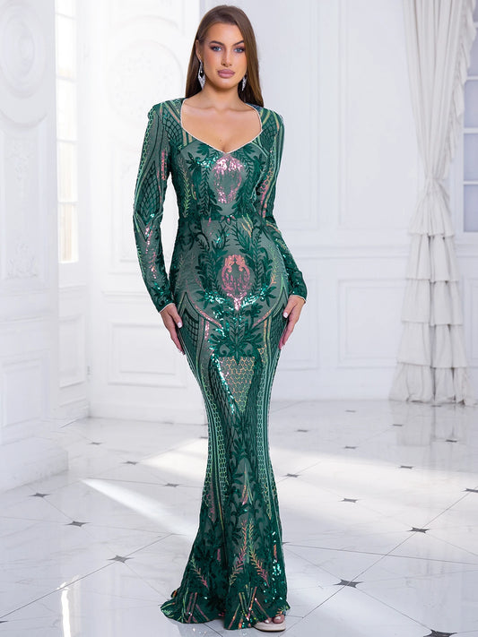 Robe de Soirée à Manches pour Femme, à paillettes