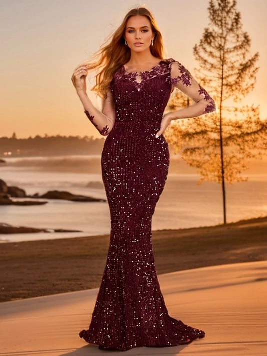 Robe de Soirée à Paillettes longue, Col Rond