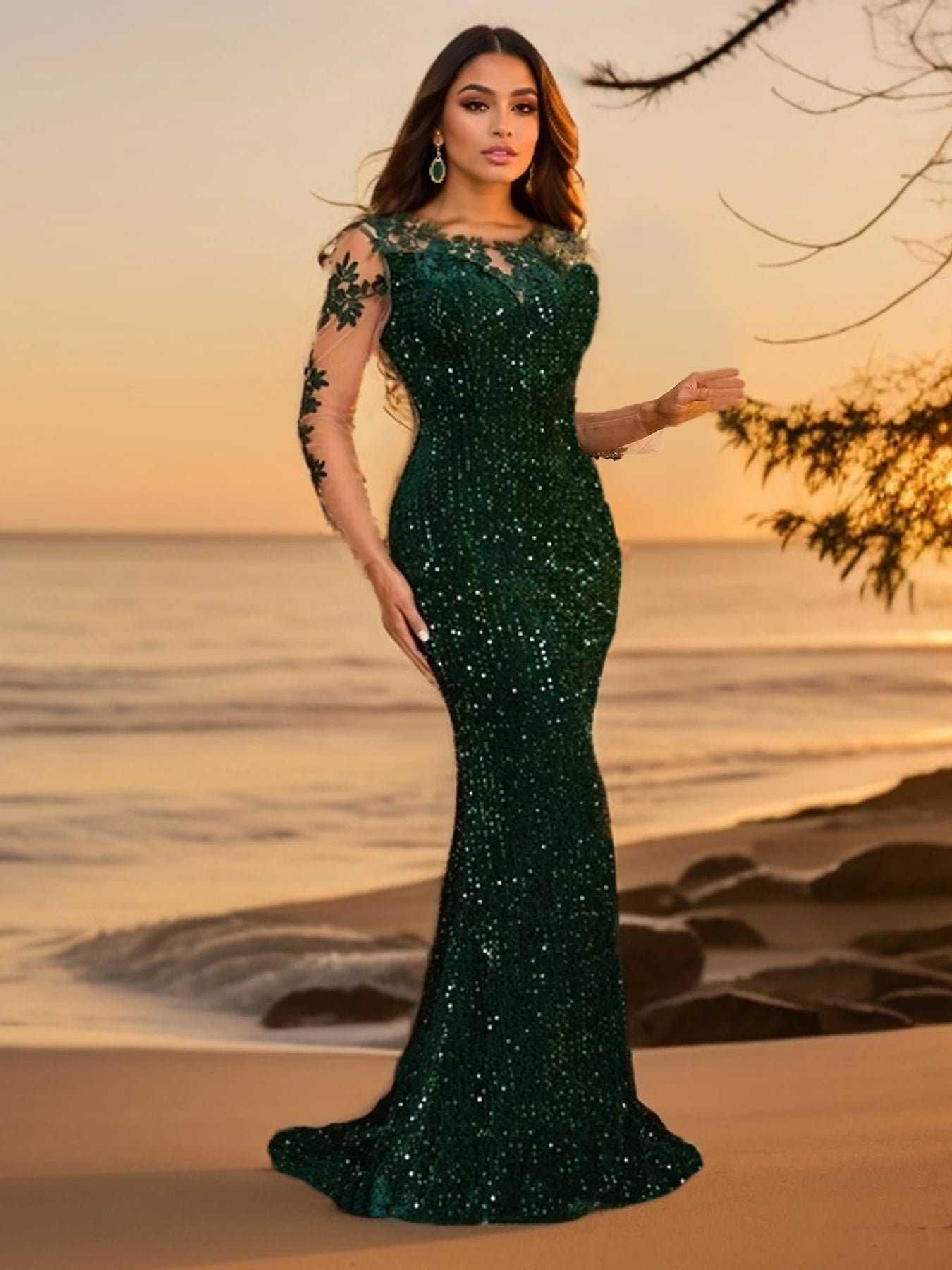 Robe de Soirée à Paillettes longue, Col Rond